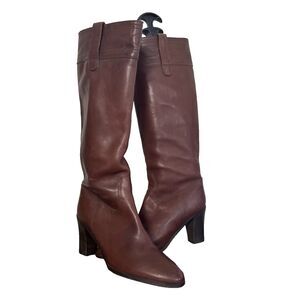 J.Crew Brown Leather Knee High Boots Womens 8.5 Stacked Heel Classic Fall Italy